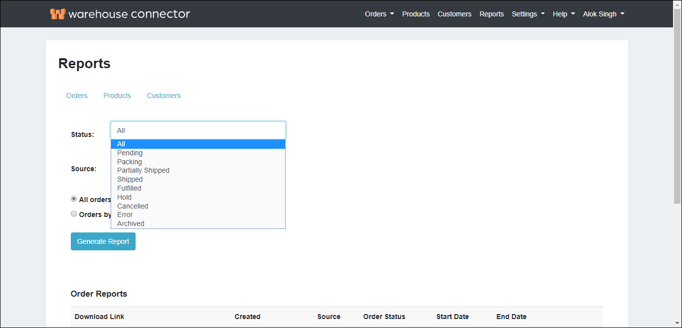 select the order status select the order status