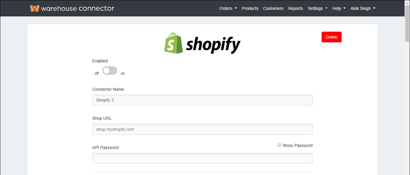 Shopify connector details page Shopify connector details page