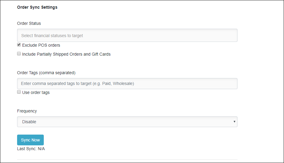 Order Sync Settings Order Sync Settings